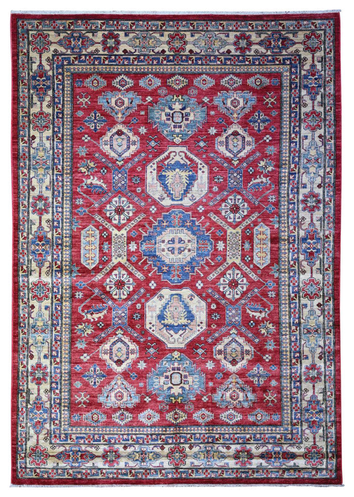 Rufous Red Wool Afghan Super Kazak Geometric Elements Hand Knotted Rug 6'9"x9'9"