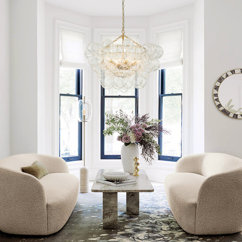 Modern Textured Glass Bubble Chandelier, Brass, 8 Lights