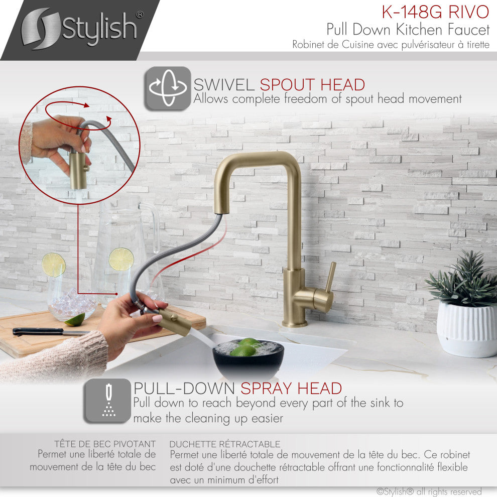 STYLISH Single Handle Pull-Down Dual Mode Kitchen Faucet Stainless Steel Golden
