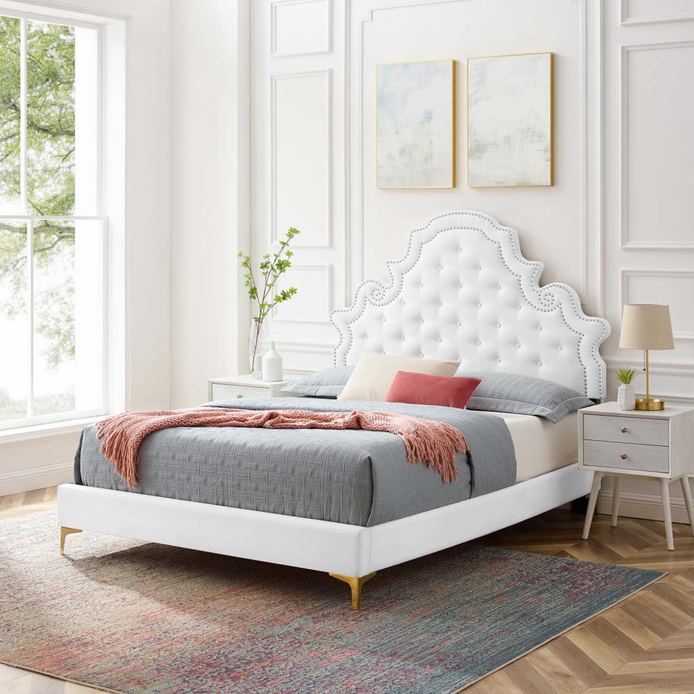 Gwyneth Tufted Performance Velvet Twin Platform Bed, White