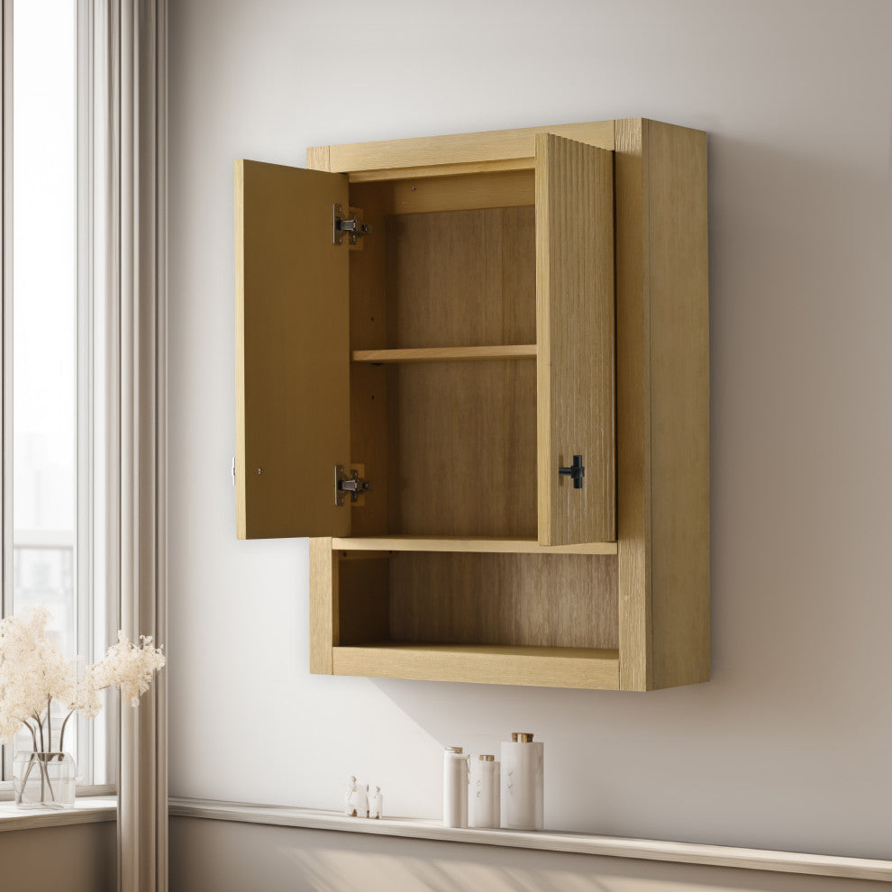 Vanity Art 24" Wall Mounted Bathroom Storage Cabinet, Linear Natural Oak, Matte Black Handle