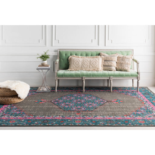 Surya Zahra ZHA-4006 2'x3' Rug, Teal/Bright Pink/Aqua/Coral/Emerald/Light Gray