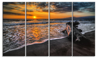 Log on Beach During Sunset, Seashore Canvas Art Print, 48"x28", 4 Panels