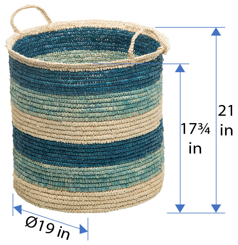 Round Sisal Storge Basket With Handles, Dark Blue, Turquoise and Natural