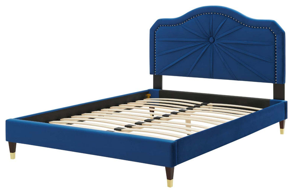Platform Bed Frame, King Size, Velvet, Blue Navy, Modern Contemporary, Bedroom