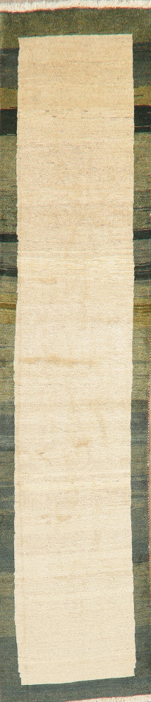 Gabbeh Border Traditional Area Rug Hand-Knotted Persian, Beige, 10'8"x2'7
