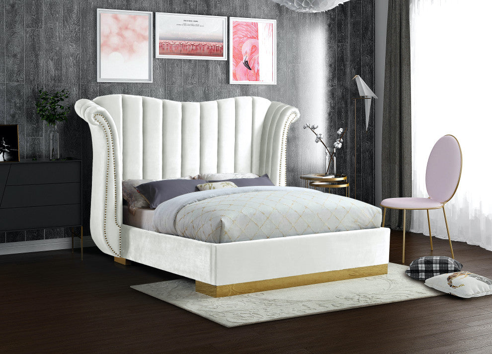 Flora Black Velvet Bed, White, Queen