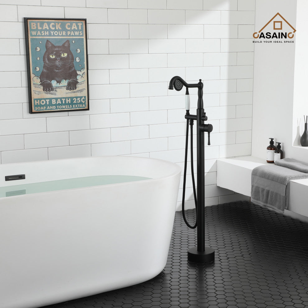 Single Handle Classical Freestanding Bathtub Faucet with Hand Shower Hand, Matte Black
