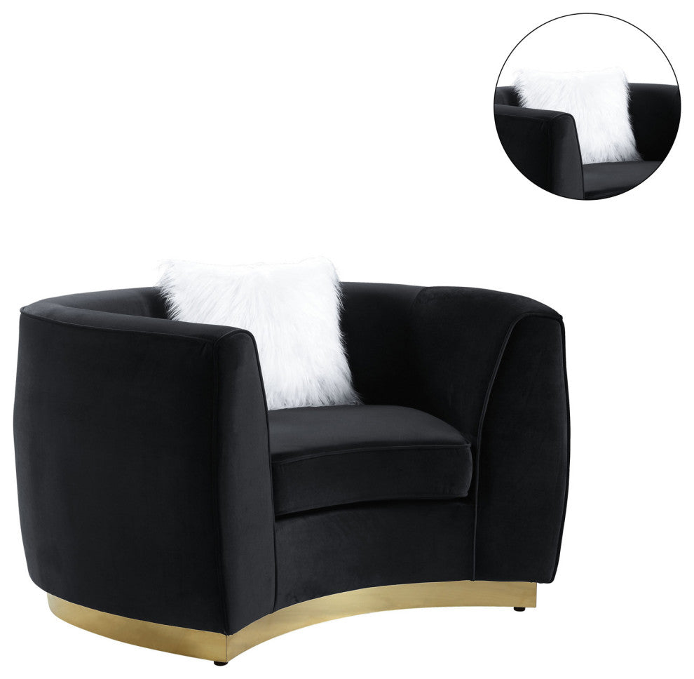 Velvet Chair With Pillow, Black and Gold