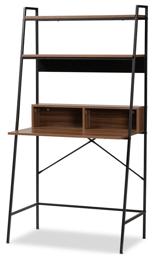 Modern Industrial Walnut Brown Finished Wood Black Metal Desk With Shelves