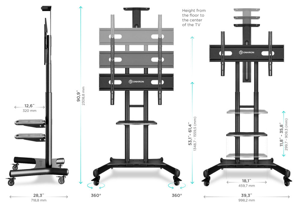 ONKRON Mobile TV Stand with Wheels Rolling TV Cart for 50-83" TVs up to 200 lbs