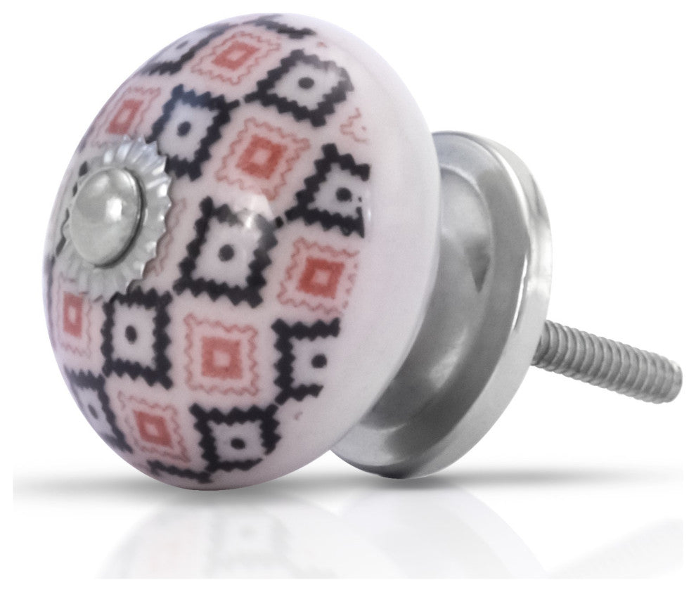 Mascot Hardware White Ceramic Knob with Pink and Black Geometric Pattern - PK 10