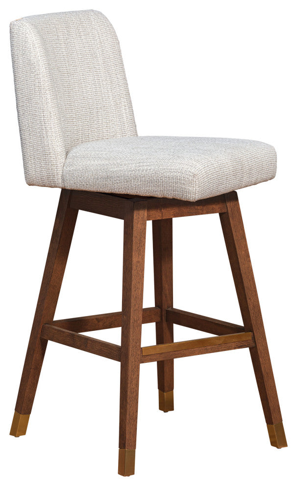 Basila Swivel Bar Stool in Brown Oak Wood Finish with Beige Fabric