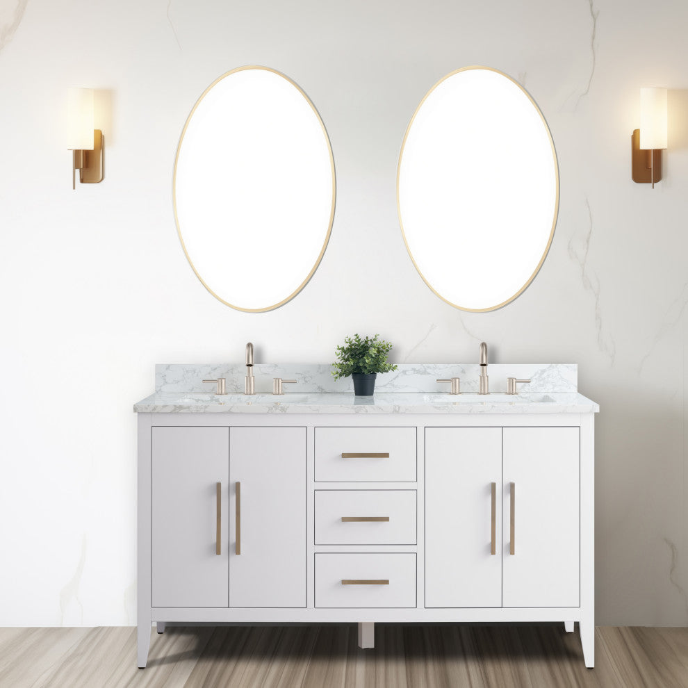 Vanity Art Bathroom Vanity With Sink, White, 60", Double Sink, Brushed Nickel