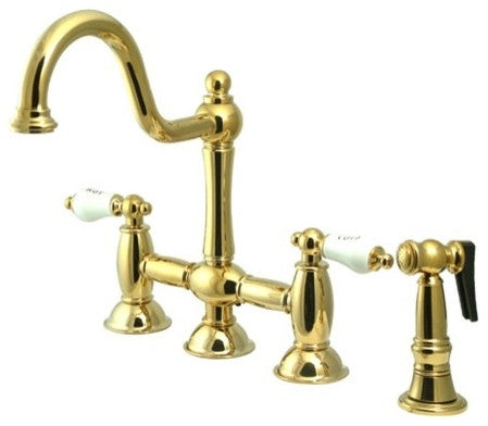 Kingston Brass Bridge Kitchen Faucet With Brass Sprayer, Polished Brass