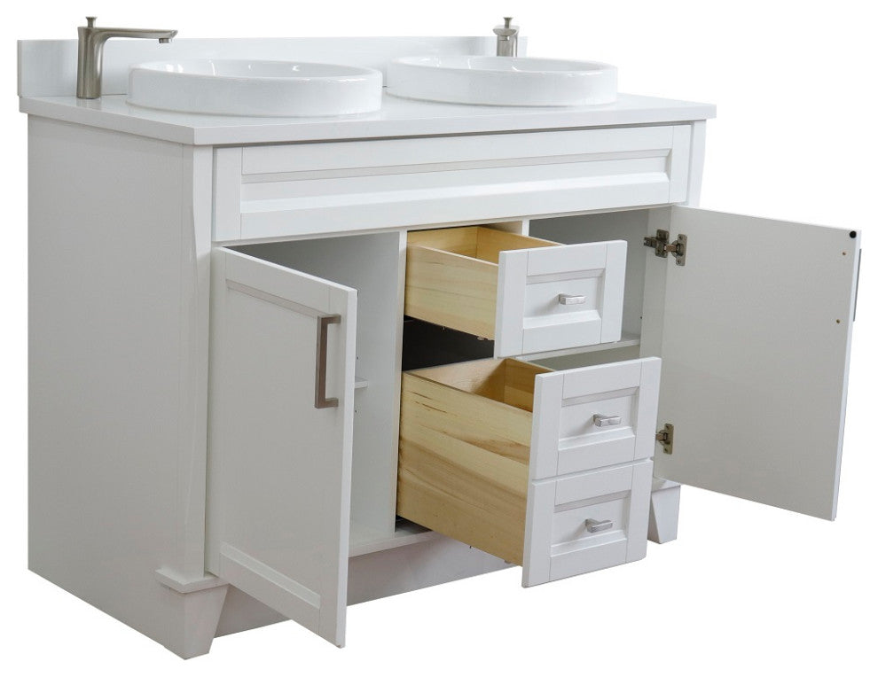 48" Double Sink Vanity, White Finish With Engineered Stone Top And Round Sink