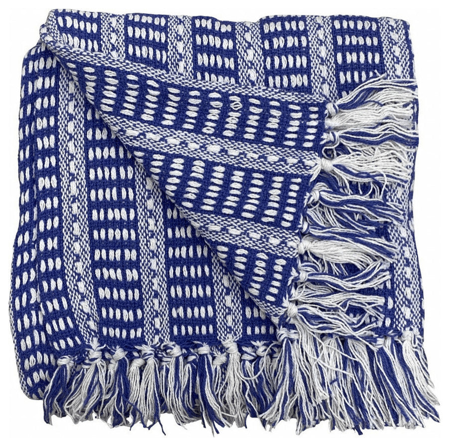 Blue and White Woven Cotton Striped Throw Blanket