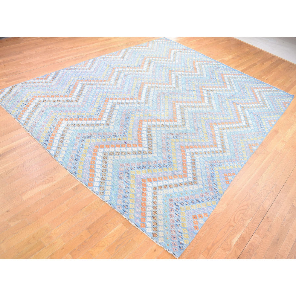 Light Blue Afghan Kilim with Geometric Design Hand Knotted Wool Rug 10'3"x13'3"