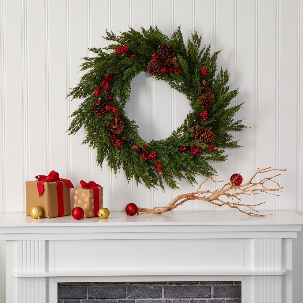 32" Cypress With Berries and Pine Cones Artificial Wreath