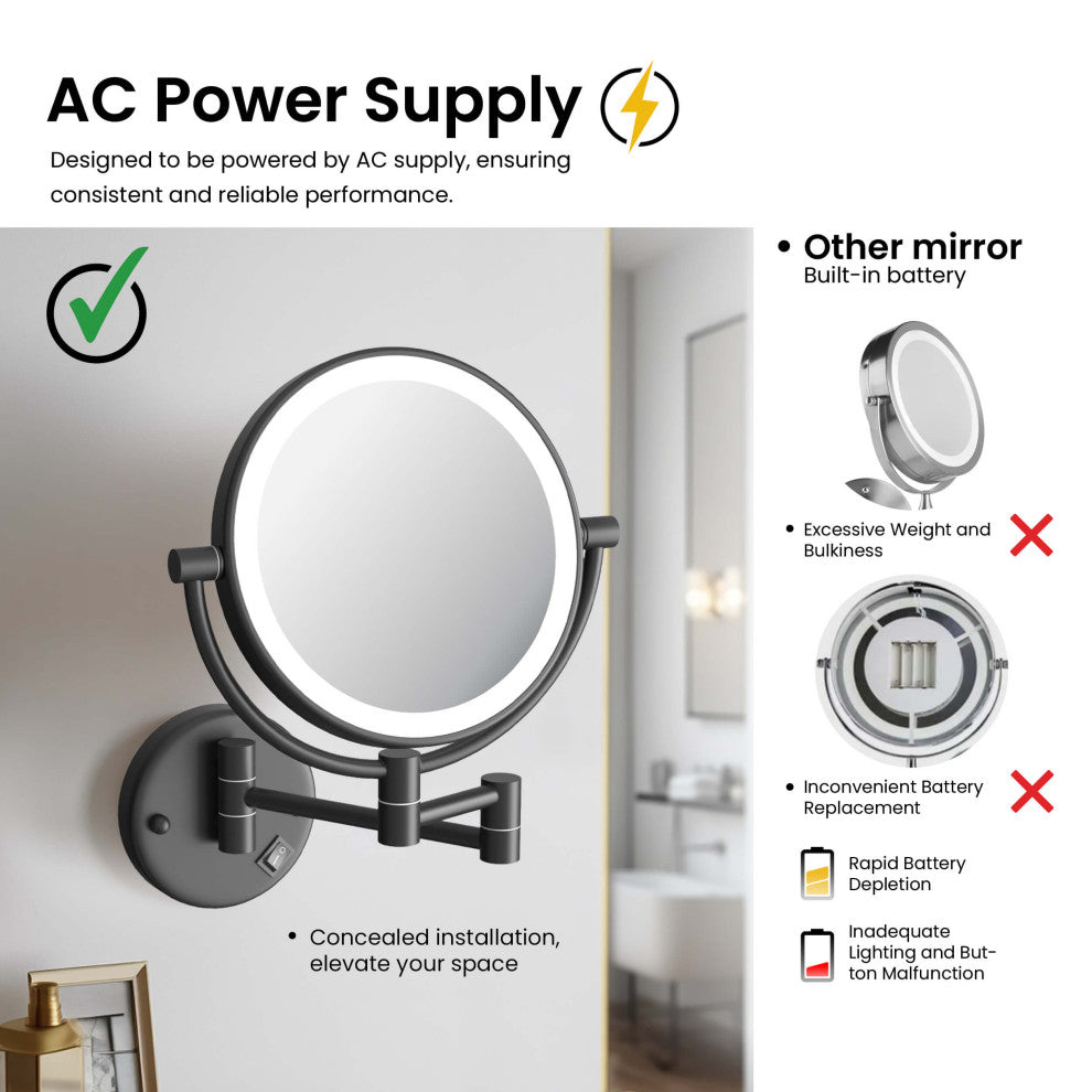 Circular LED Wall Mount Magnifying Make Up Mirror, Matte Black