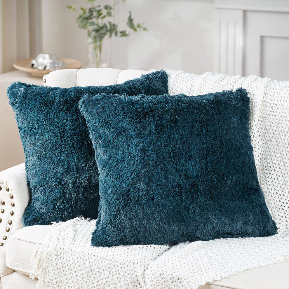 Shaggy Faux Fur Pillow Cover, Teal, Set of 2, 26"x26"