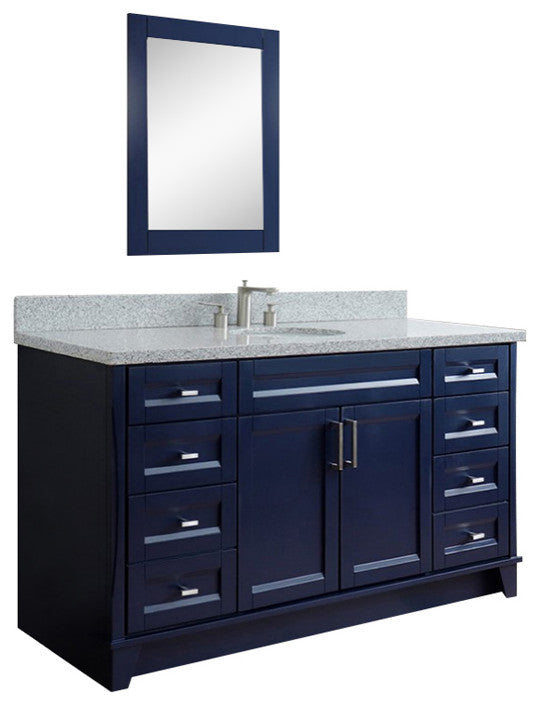 61" Single Sink Vanity, Blue Finish And Gray Granite And Oval Sink