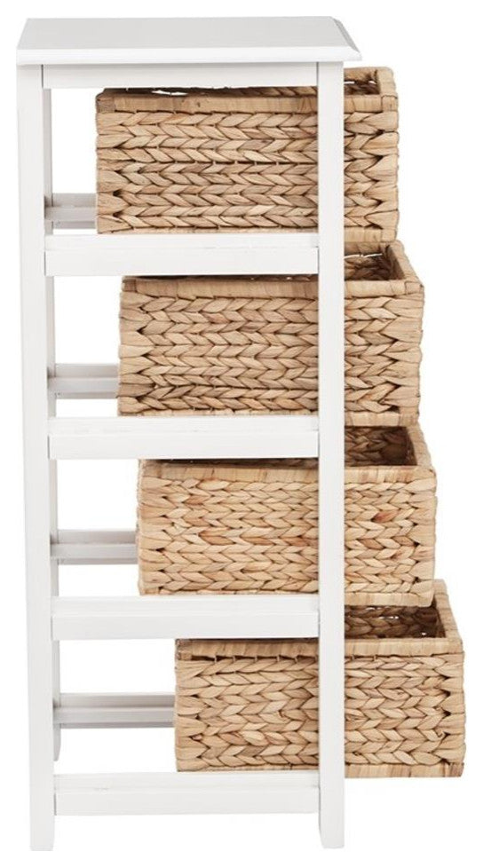 Seabrook Four-Tier Storage Unit Engineered Wood White Finish and Natural Baskets