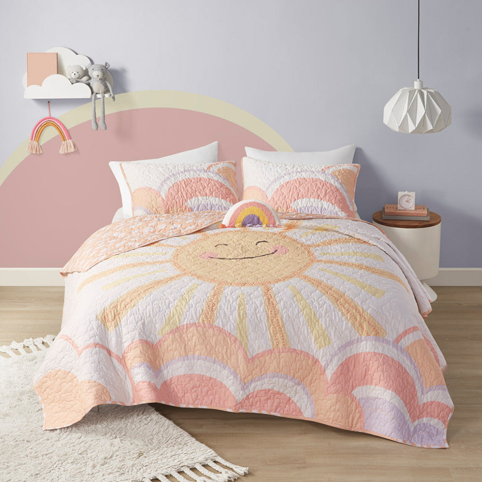 UrbanHabitat Kids Reversible Sunshine Printed Cotton Quilt Set With Throw Pillow