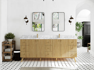Pasadena 84 Double Sink Bath Vanity in Light Natural Teak 2" Carrara Marble