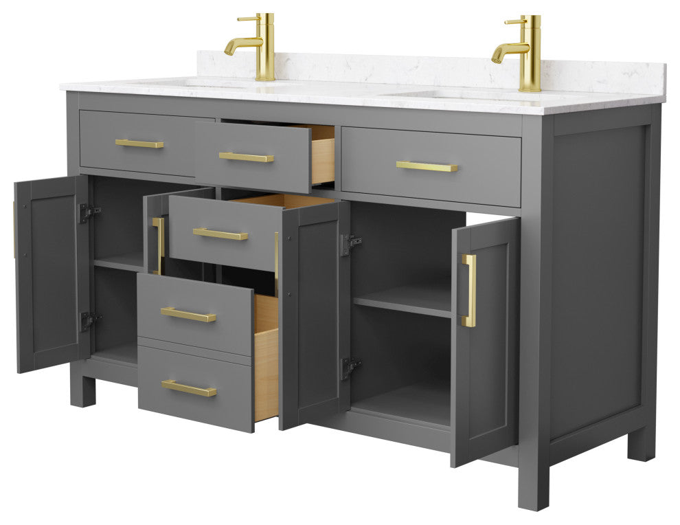 60"DBL Vanity Dark Gray, Carrara Cult. Marble Countertop, Sinks, Gold Trim