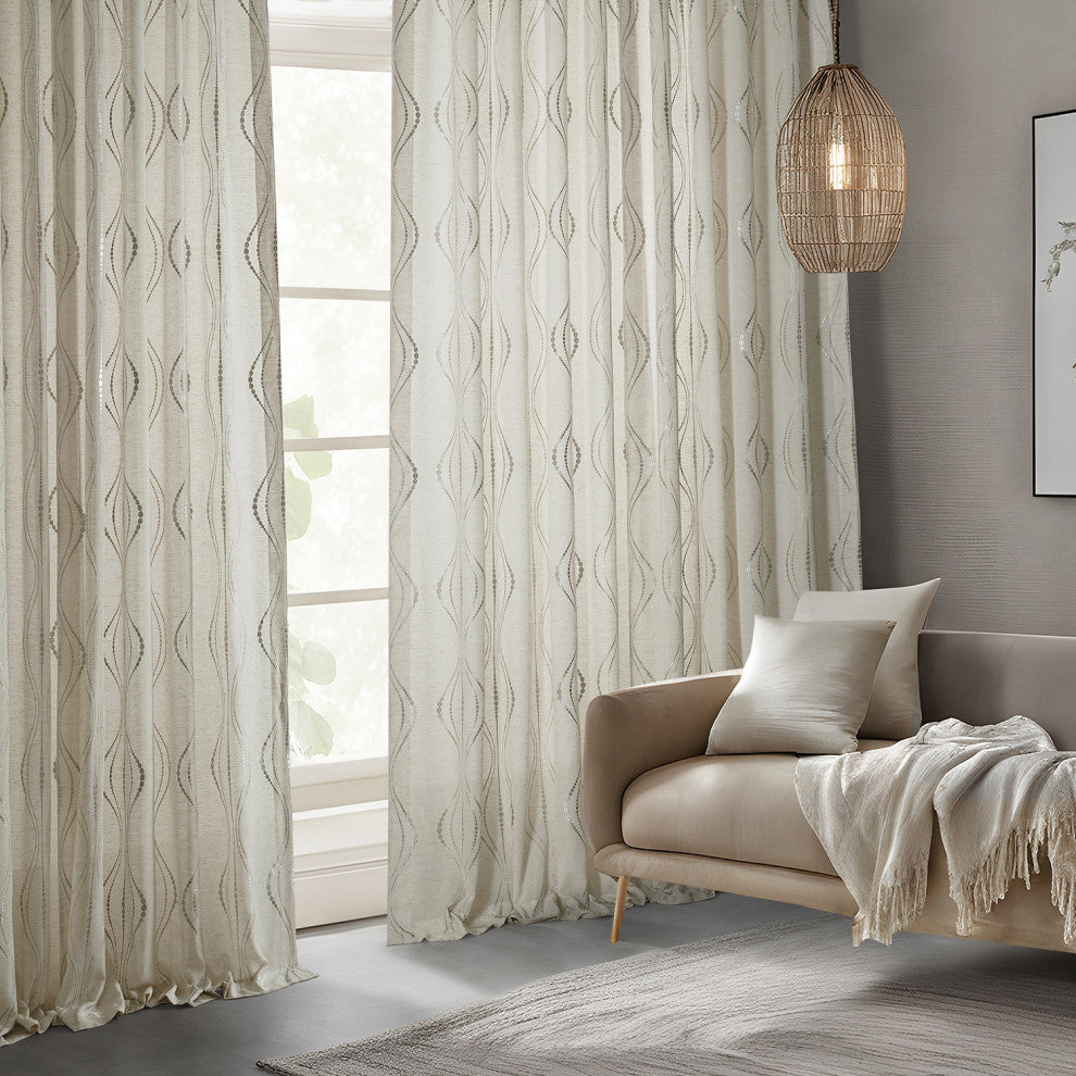 Suez Natural Embroidered FauxLinen Sheer Curtain Single Panel, 50"x96"