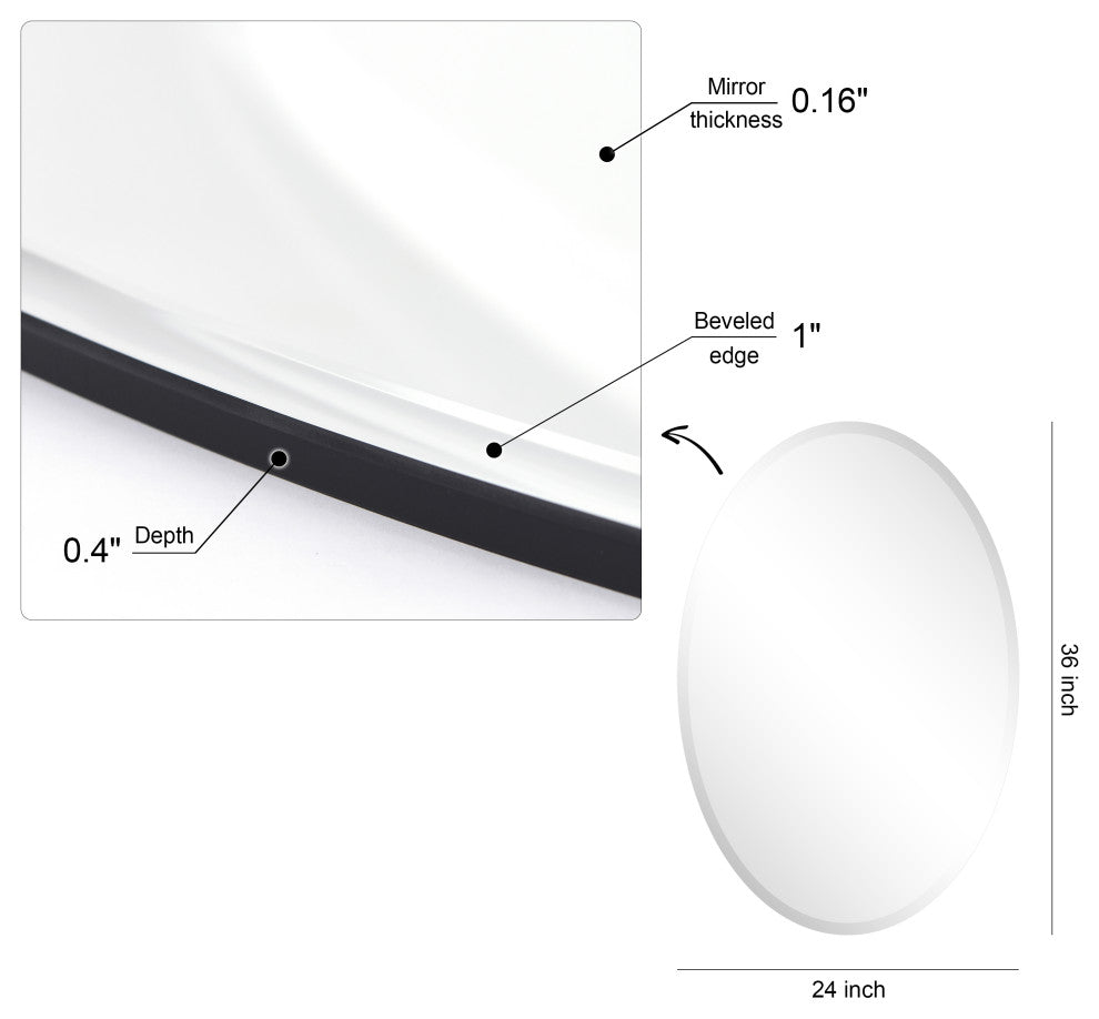 Frameless Beveled Oval Wall Mirror, 1" Beveled Edge, 36"x24"