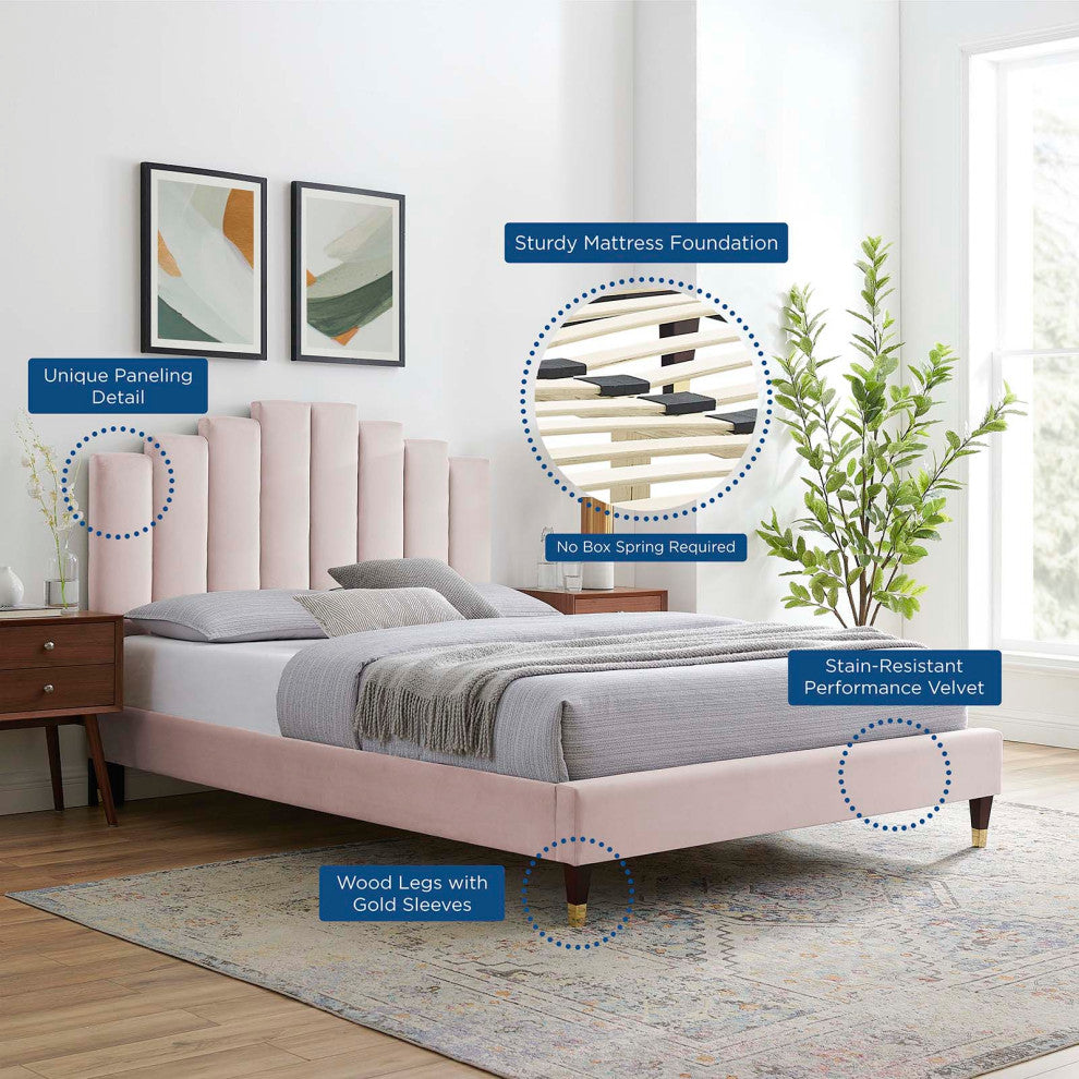 Platform Bed Frame, Full Size, Velvet, Pink, Modern Contemporary, Bedroom Master