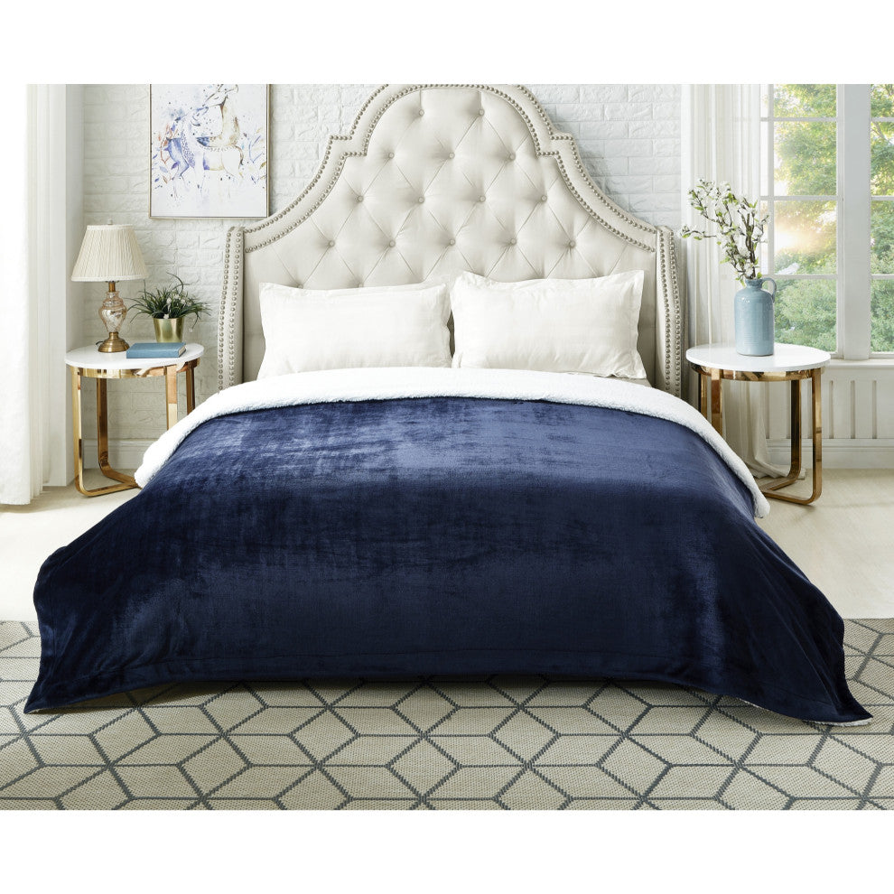 Amarey Flannel Reversible Sherpa Throw Blanket, Navy, 90"x90"