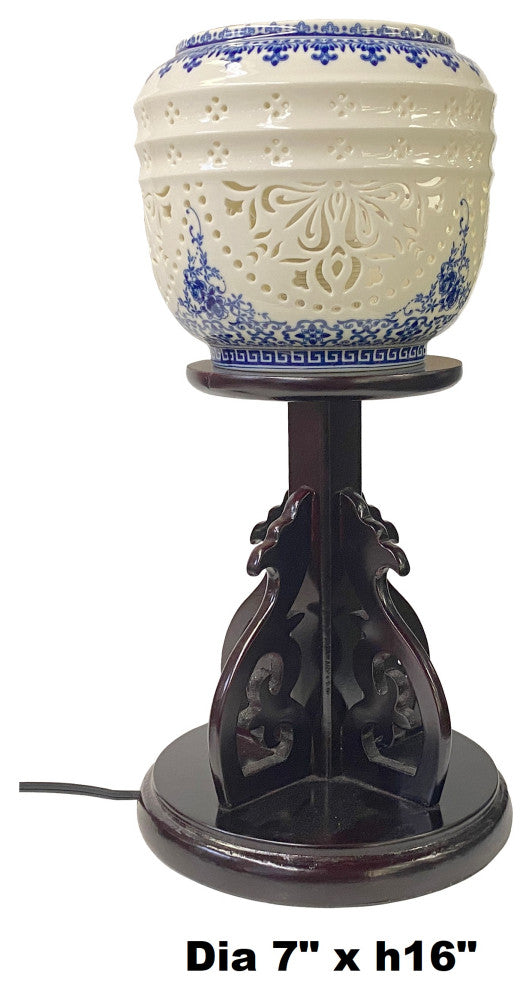 Chinese White Porcelain Shade Wood Pedestal Base Table Lamp Hws1356