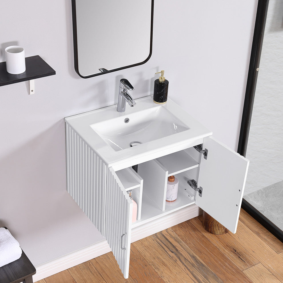 24" W x 19" H MDF Floating Bath Vanity, Integrated Ceramic Sink, White