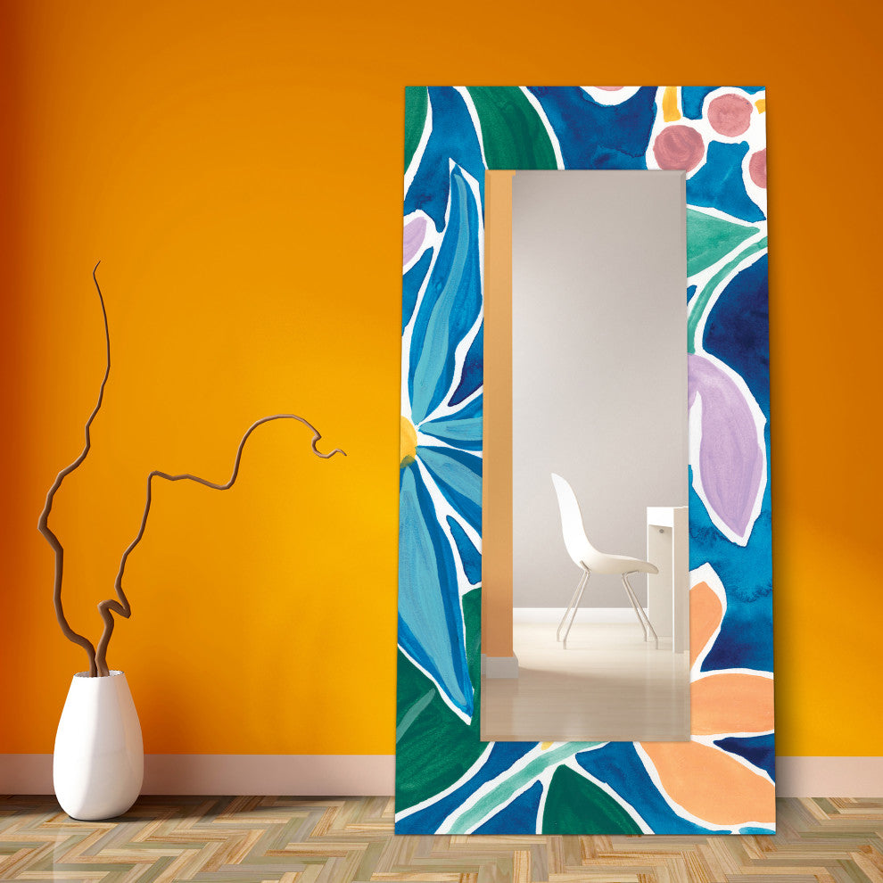 Blue Rectangular Beveled Mirror on Free Floating Printed Tempered Art Glass