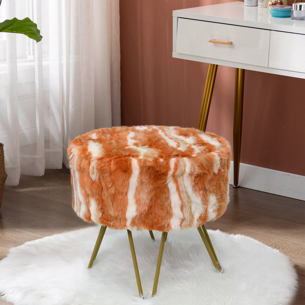 Fauxfur Ottoman Round Fuzzy Entryway Bench, Burnt Orange, 18"x18"x18"