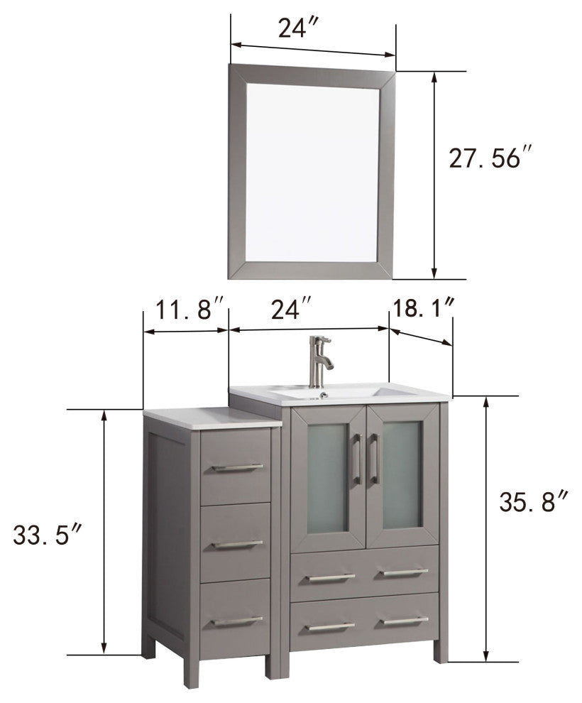 Vanity Art Vanity Set With Ceramic Top, 36", Gray, Standard Mirror