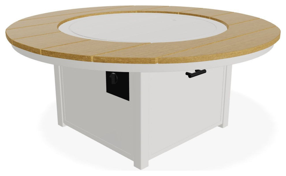 54" Round Marine Grade Fire Table with Propane Shelf, Snow/Teak