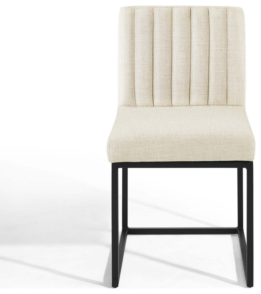 Tufted Side Dining Chair, Fabric, Metal, Black Beige, Modern, Bistro Restaurant