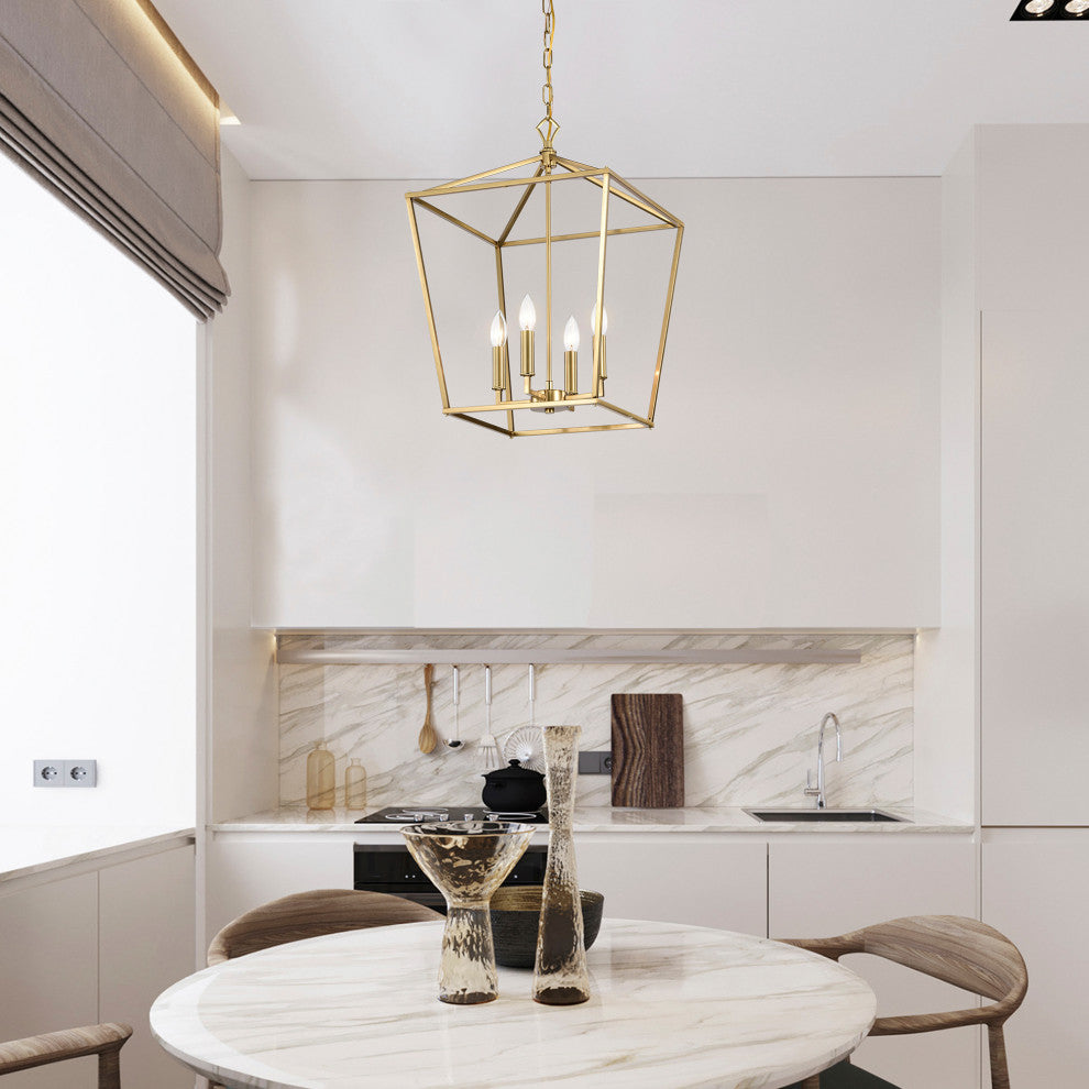 4-Light 16 in. Gold Caged Lantern Modern Pendant