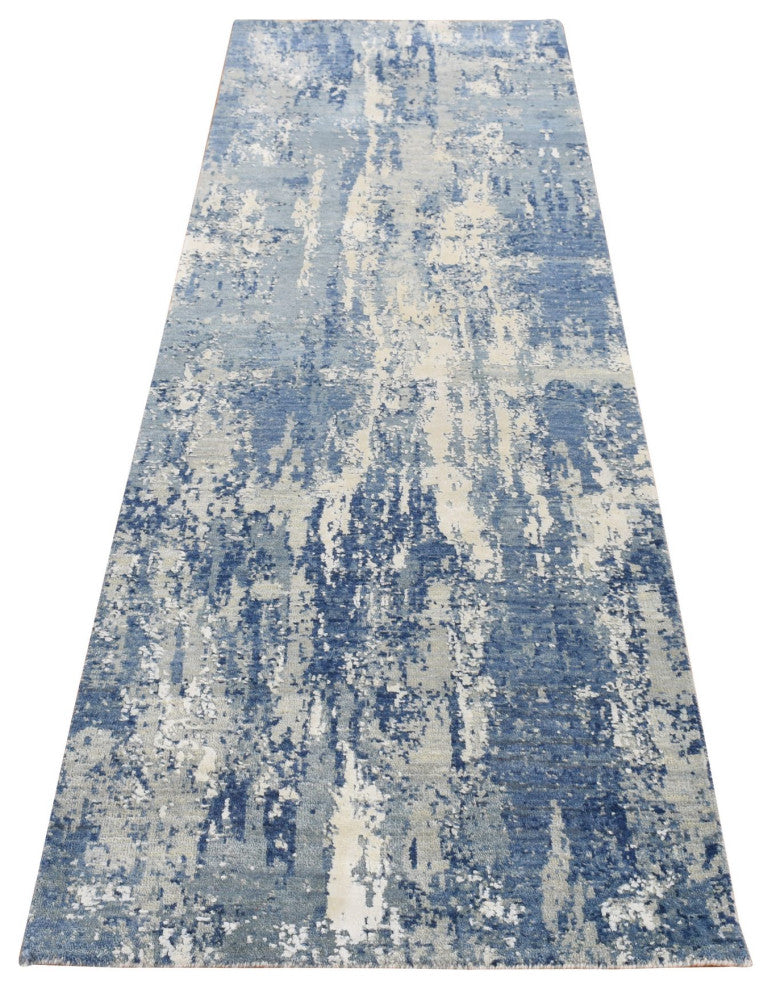 Air Force Blue Abstract Design Wool And Silk Hand Knotted Runner Rug 2'6"x8'3"