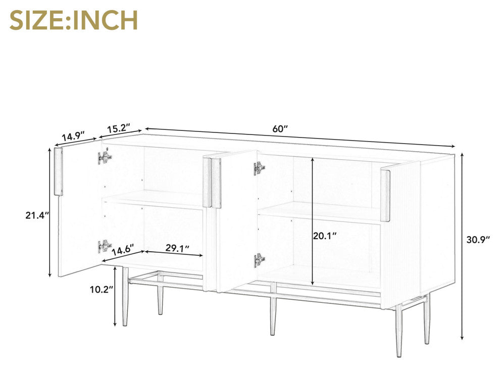 TATEUS 60" Modern Elegant 4-door Sideboard,Gold Metal Handle Storage Cabinet, Black