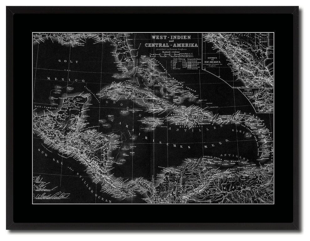 West Indies Old Monochrome Map Print On Canvas With Black Frame, 28" X 37"