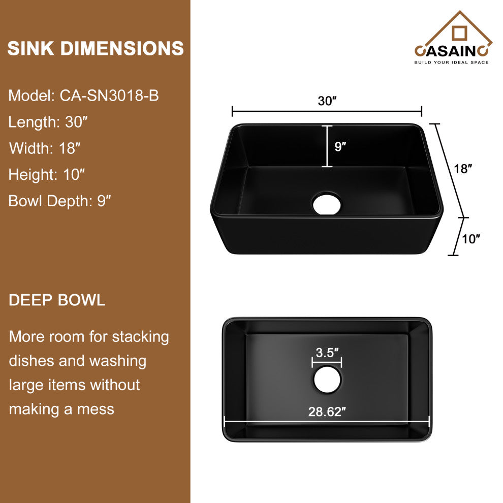 Fireclay 36inch Single Bowl Farmhouse Apron Kitchen Sink with Bottom Grid, 30