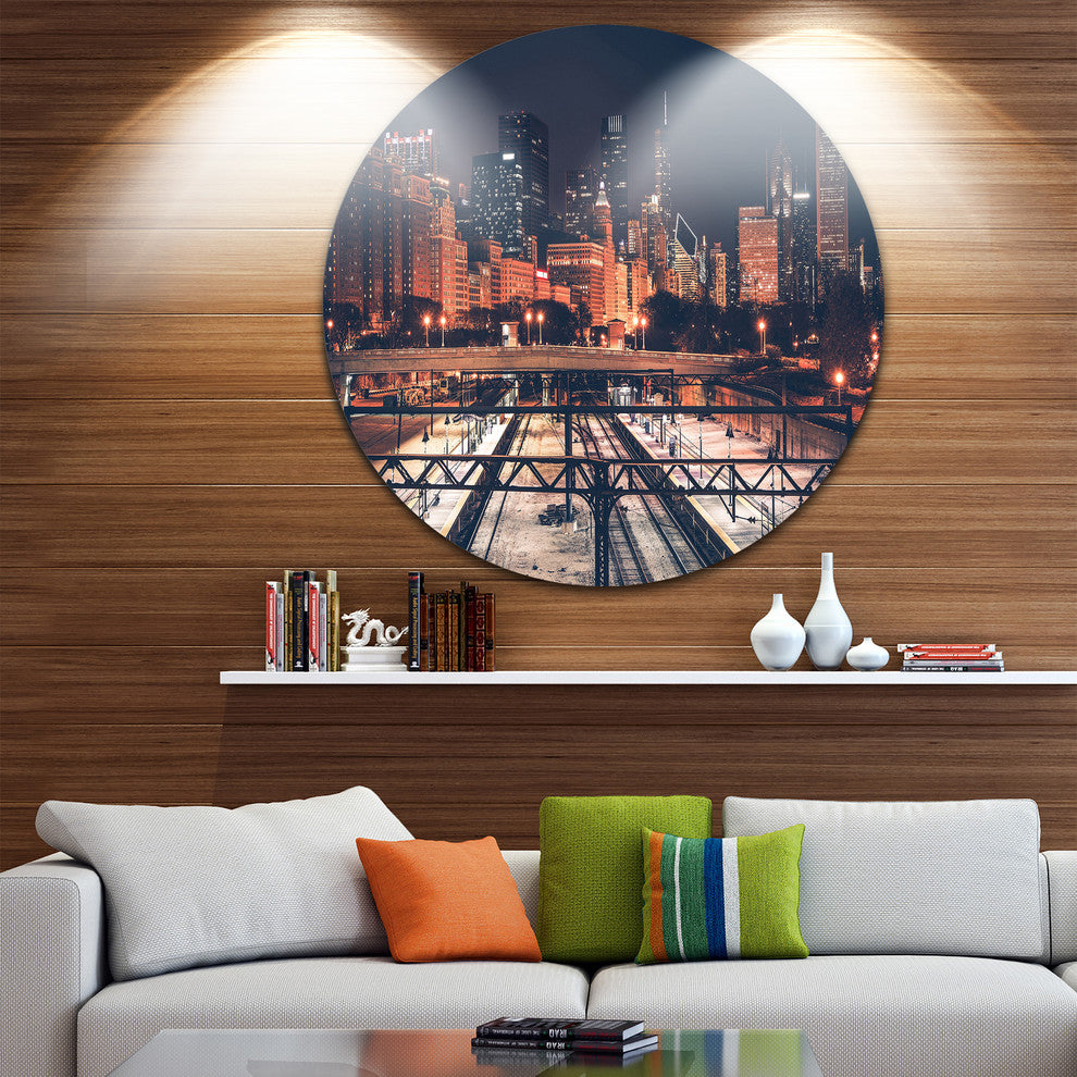 Dark Chicago Skyline And Railroad, Cityscape Disc Metal Wall Art, 23"