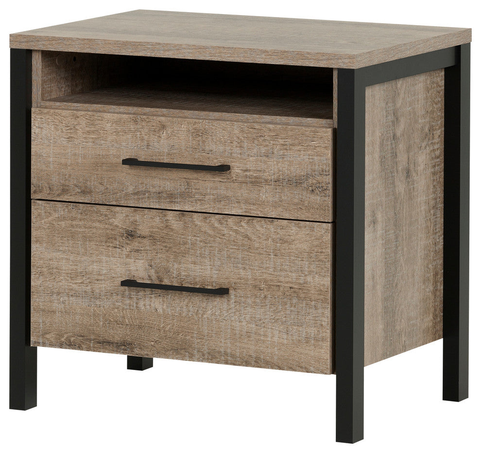 South Shore Munich 2-Drawer Nightstand, Weathered Oak And Matte Black