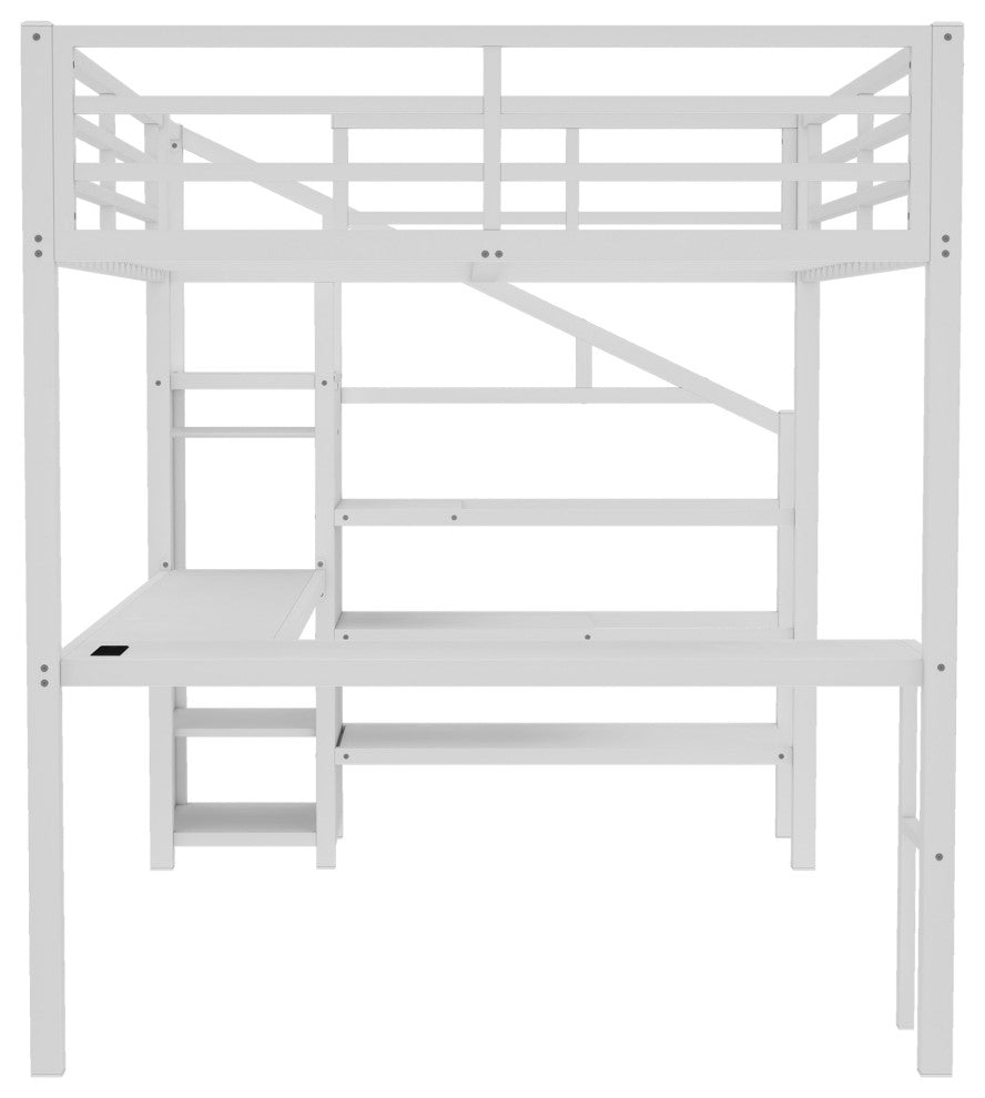 Gewnee Queen Size Loft Bed with L-shaped Desk and USB