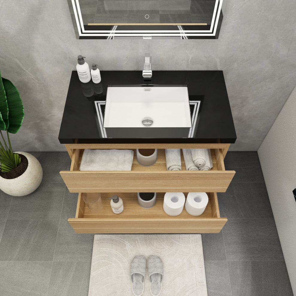 Belli 36" Wall Mounted Single Bathroom Vanity Set, White Oak, Matt Black Top